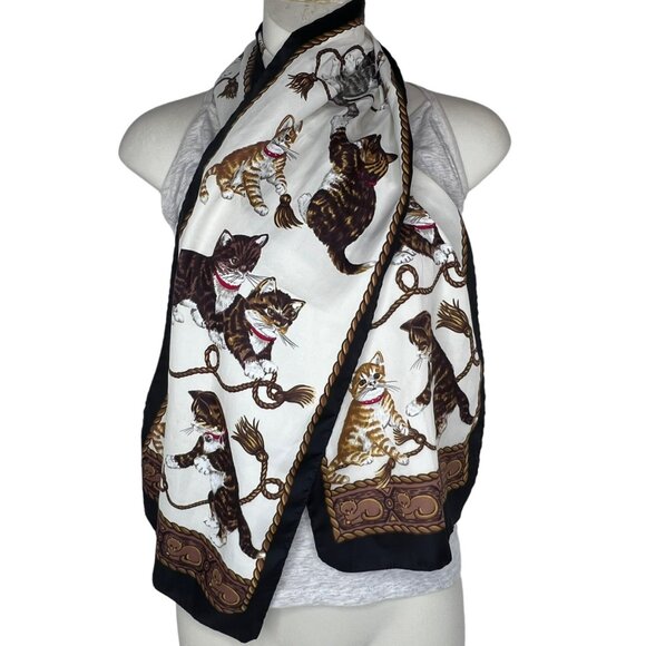 Vintage Kittens and Rope Rectangle Scarf Brown White Silk Tabby Calico 53 in - Picture 2 of 4